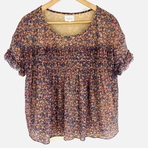 Anthropologie Deletta Top Size Small Pink Robyn Smocked Floral Print Blouse